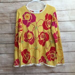 VINTAGE SUSAN BRISTOL EMBROIDERED AND‎ BEADED SWEATER IN YELLOW AND PINK FLORAL